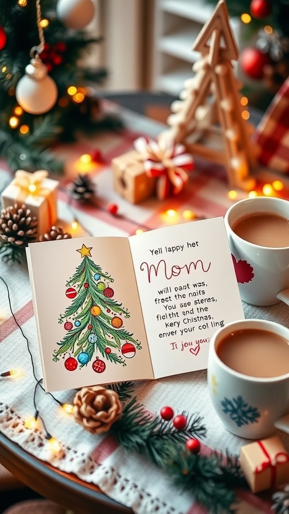 A handmade Christmas card with a festive tree design and heartfelt message on a decorated table.